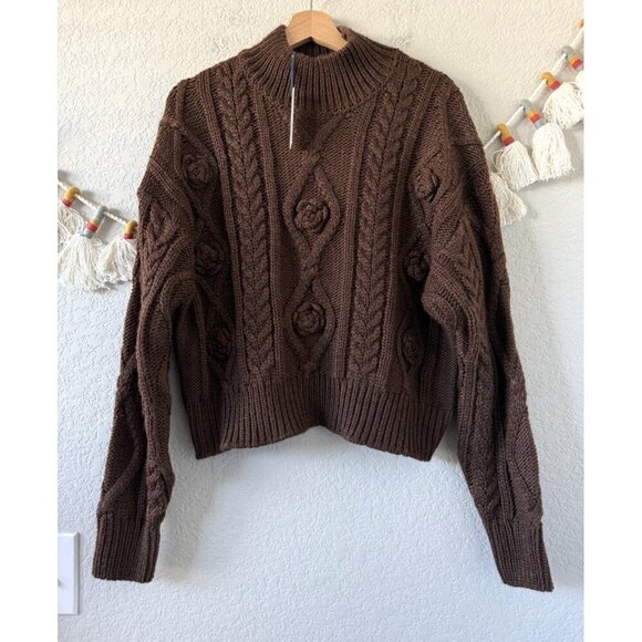 Buffalo David Bitton Greta Cable Knit Wool Brown Pullover Sweater Boho Cottage L - Picture 1 of 10